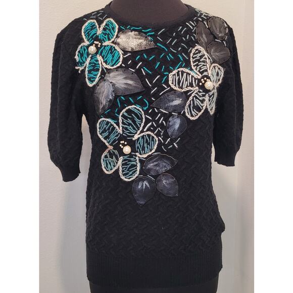 VTG 80s Black Knit Blouse Embroidered Appliqué Women’s Sz M Boho Retro Statement - Picture 1 of 8